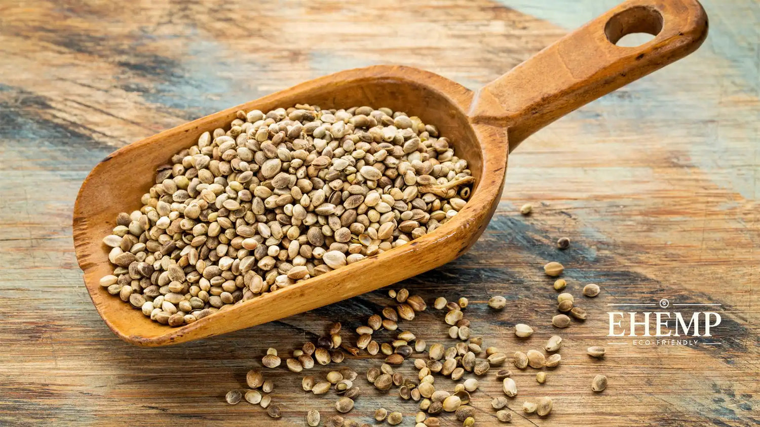Wooden scoop filled with hemp seeds.